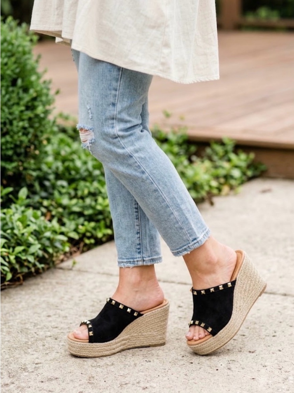Olivia Miller Black Studded Espadrille Wedge Sandals